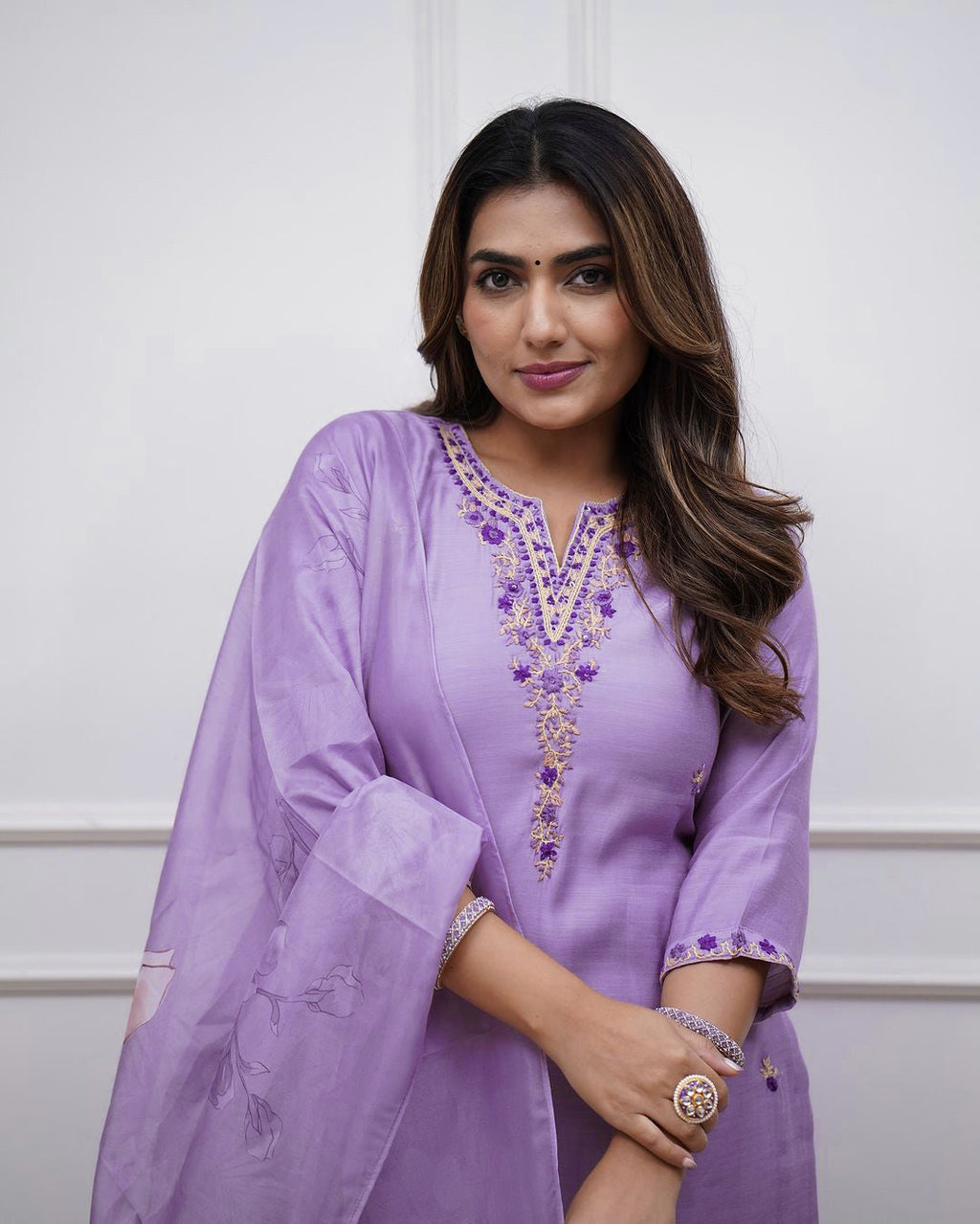 Aadesh Fashion Vibhuti Lavender Rayon Slub Kurti Pant Set With Chanderi Dupatta