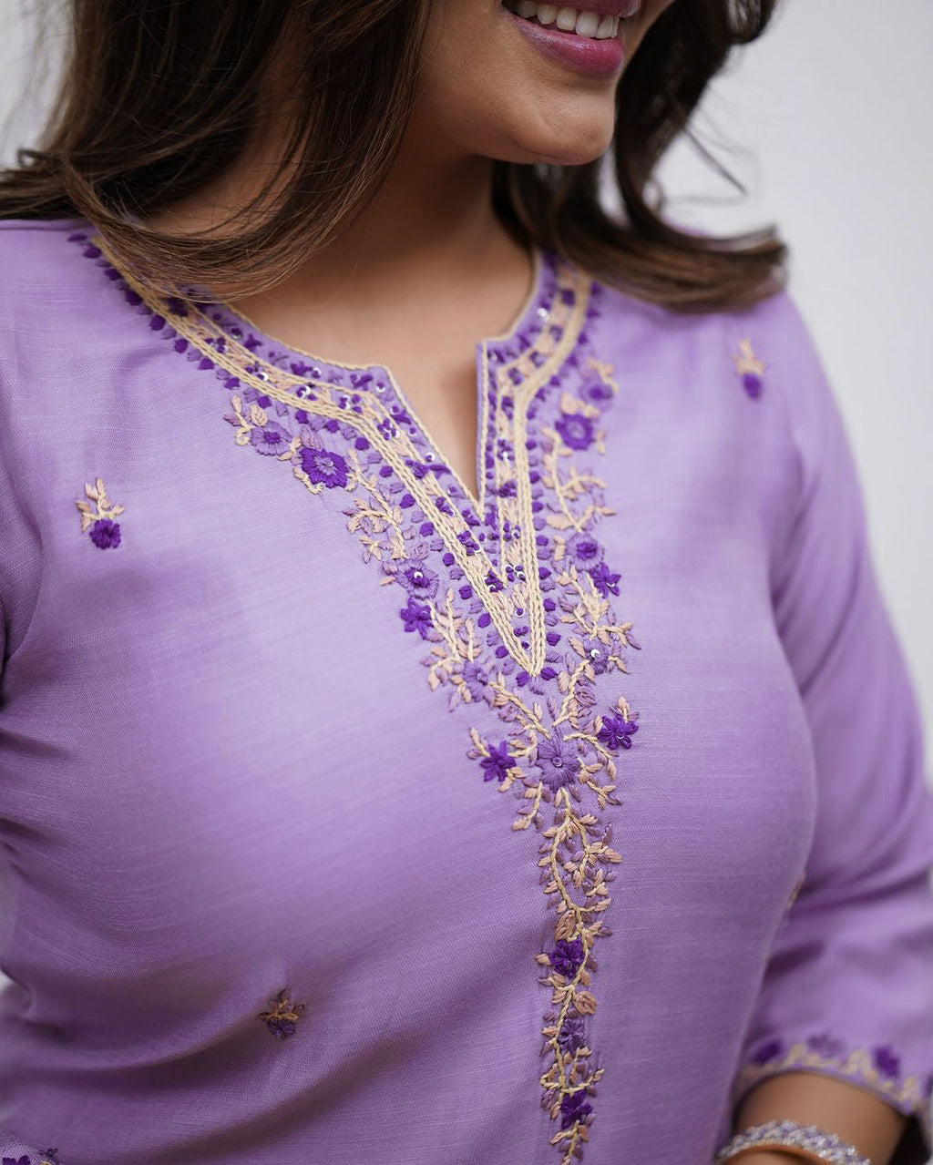 Aadesh Fashion Vibhuti Lavender Rayon Slub Kurti Pant Set With Chanderi Dupatta