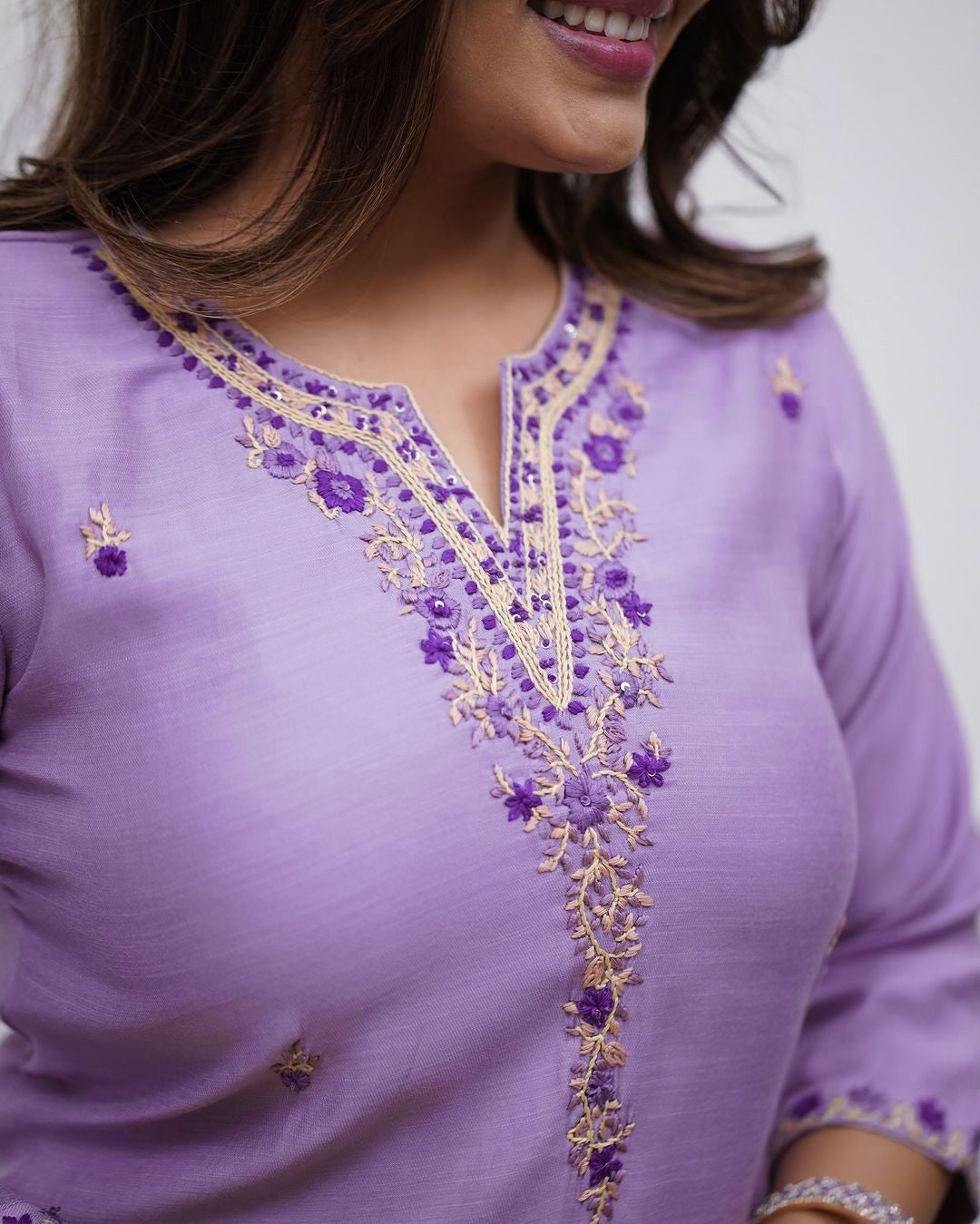 Aadesh Fashion Vibhuti Lavender Rayon Slub Kurti Pant Set With Chanderi Dupatta
