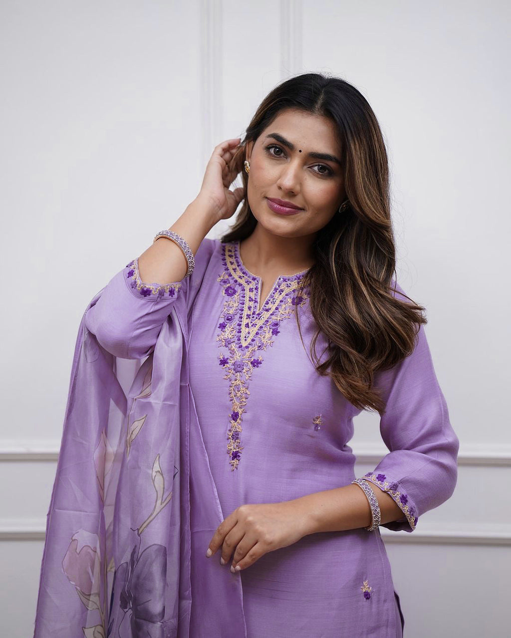 Aadesh Fashion Vibhuti Lavender Rayon Slub Kurti Pant Set With Chanderi Dupatta