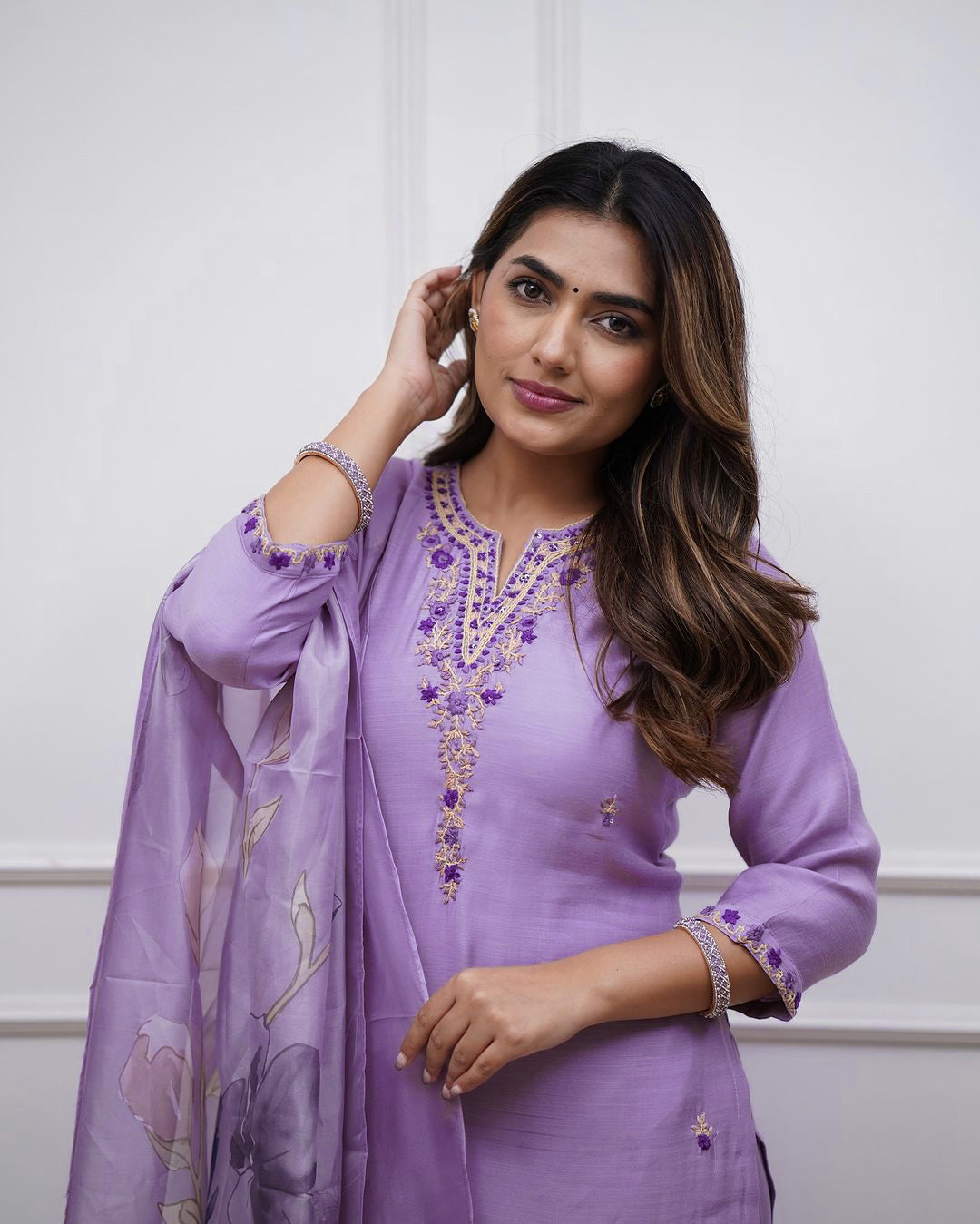 Aadesh Fashion Vibhuti Lavender Rayon Slub Kurti Pant Set With Chanderi Dupatta