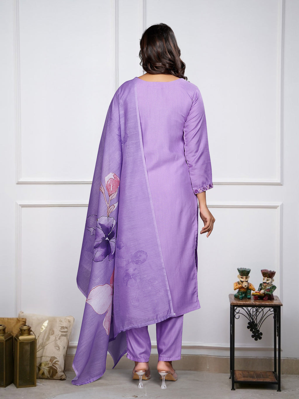 Aadesh Fashion Vibhuti Lavender Rayon Slub Kurti Pant Set With Chanderi Dupatta
