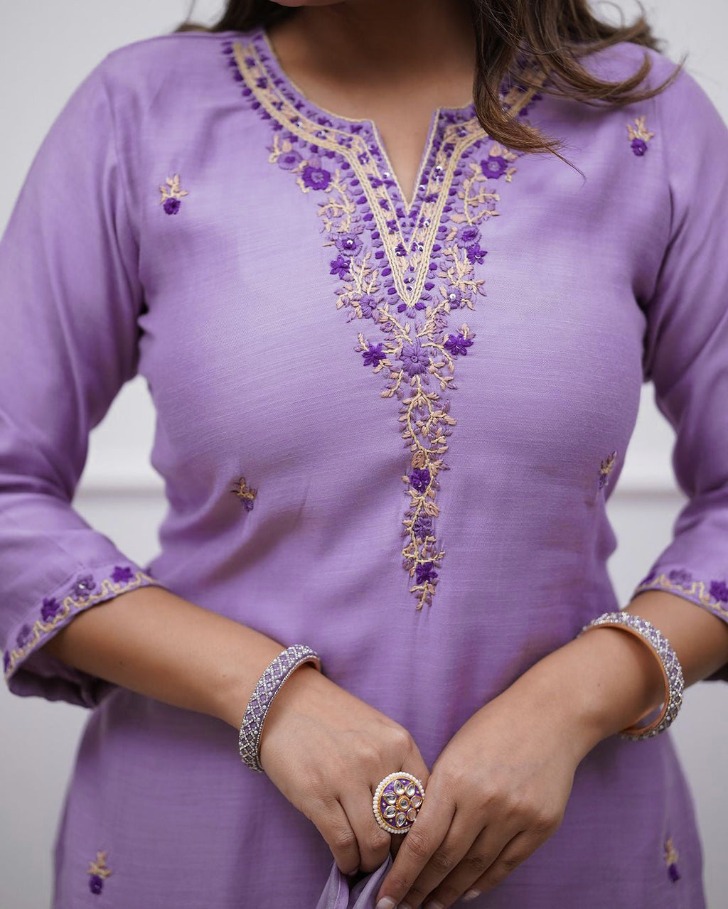 Aadesh Fashion Vibhuti Lavender Rayon Slub Kurti Pant Set With Chanderi Dupatta