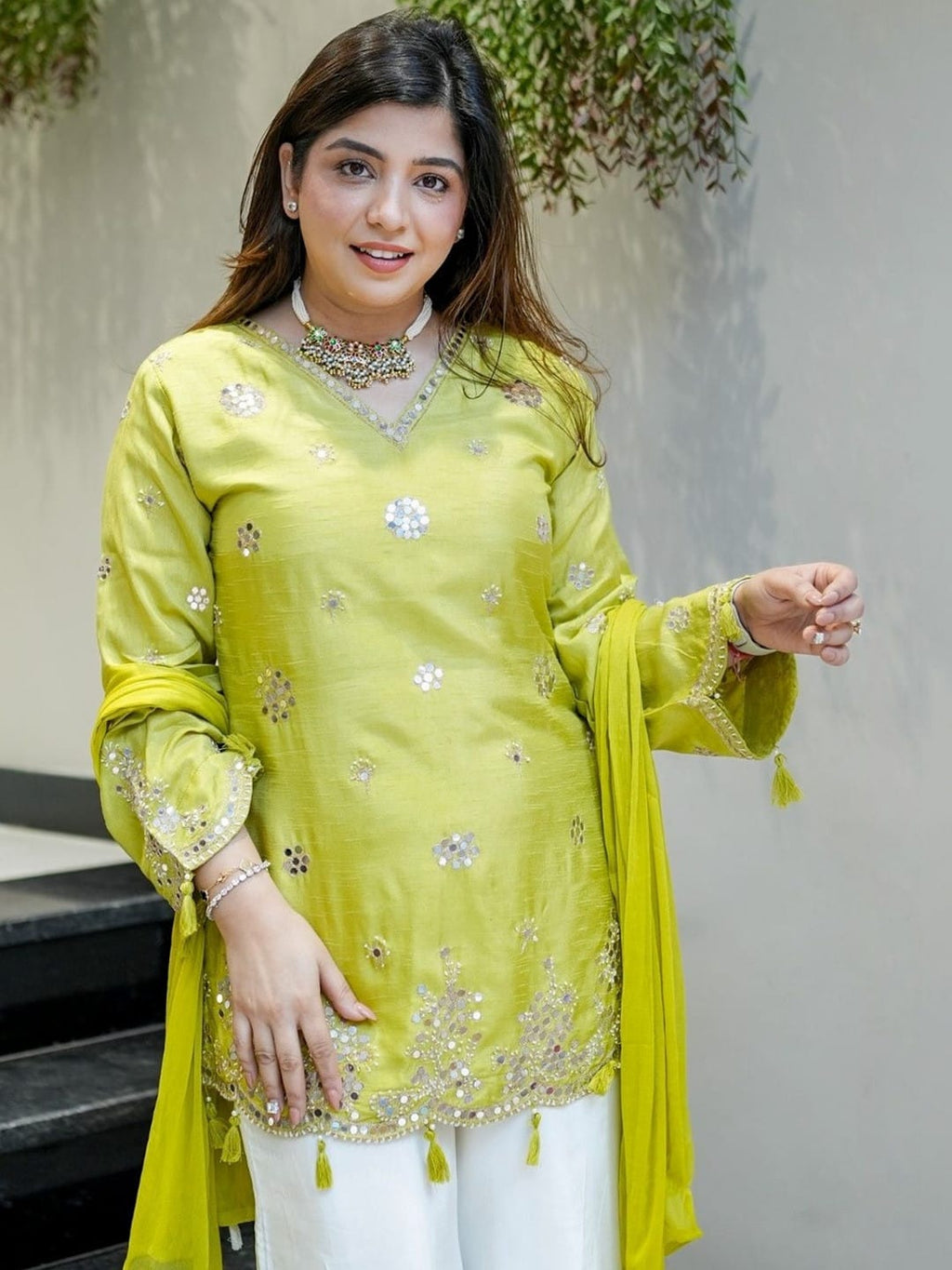 Aadesh Fashion Shehnaaz Lemon Yellow Silk Short Kurti Palazzo Set with Nazmin Dupatta