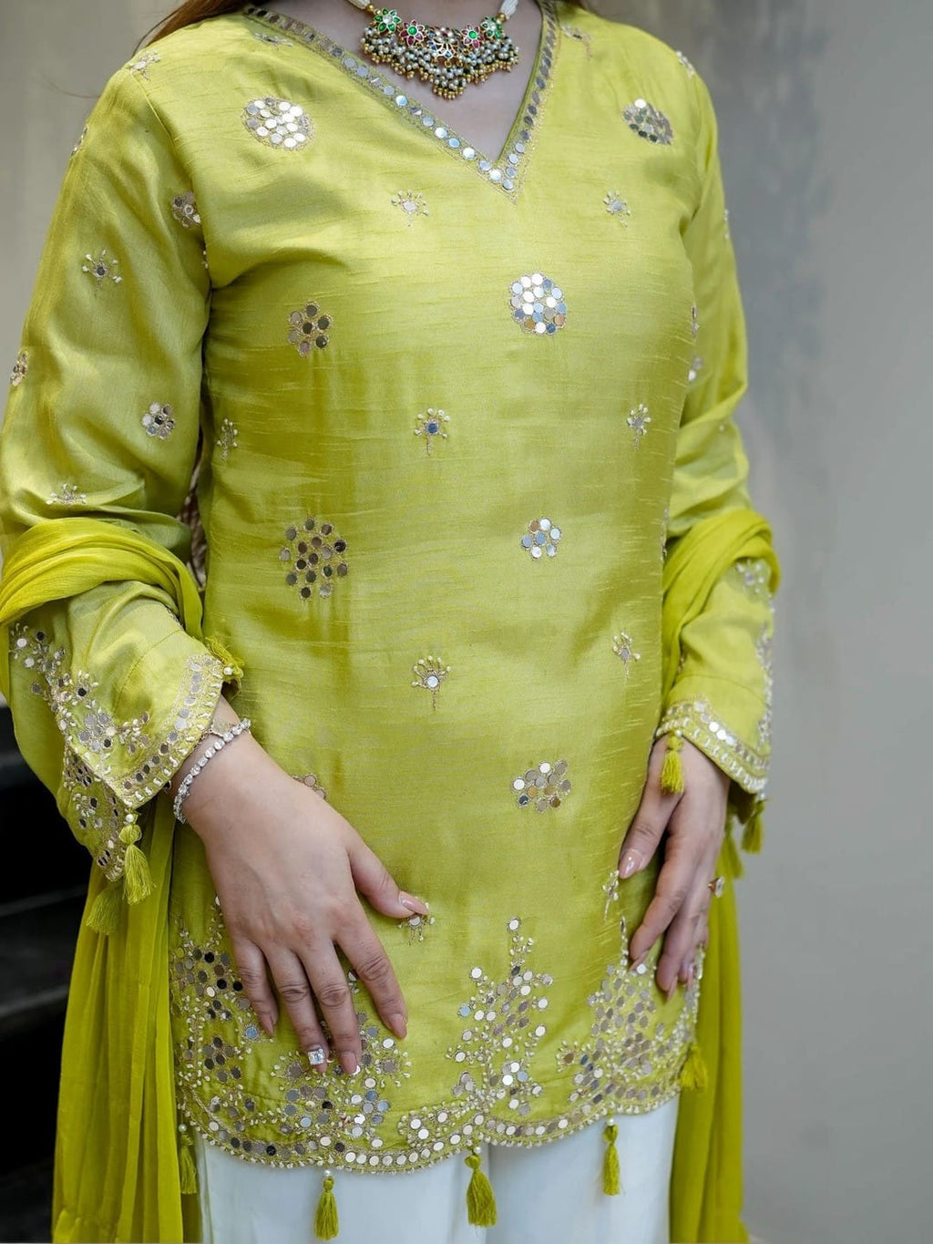 Aadesh Fashion Shehnaaz Lemon Yellow Silk Short Kurti Palazzo Set with Nazmin Dupatta