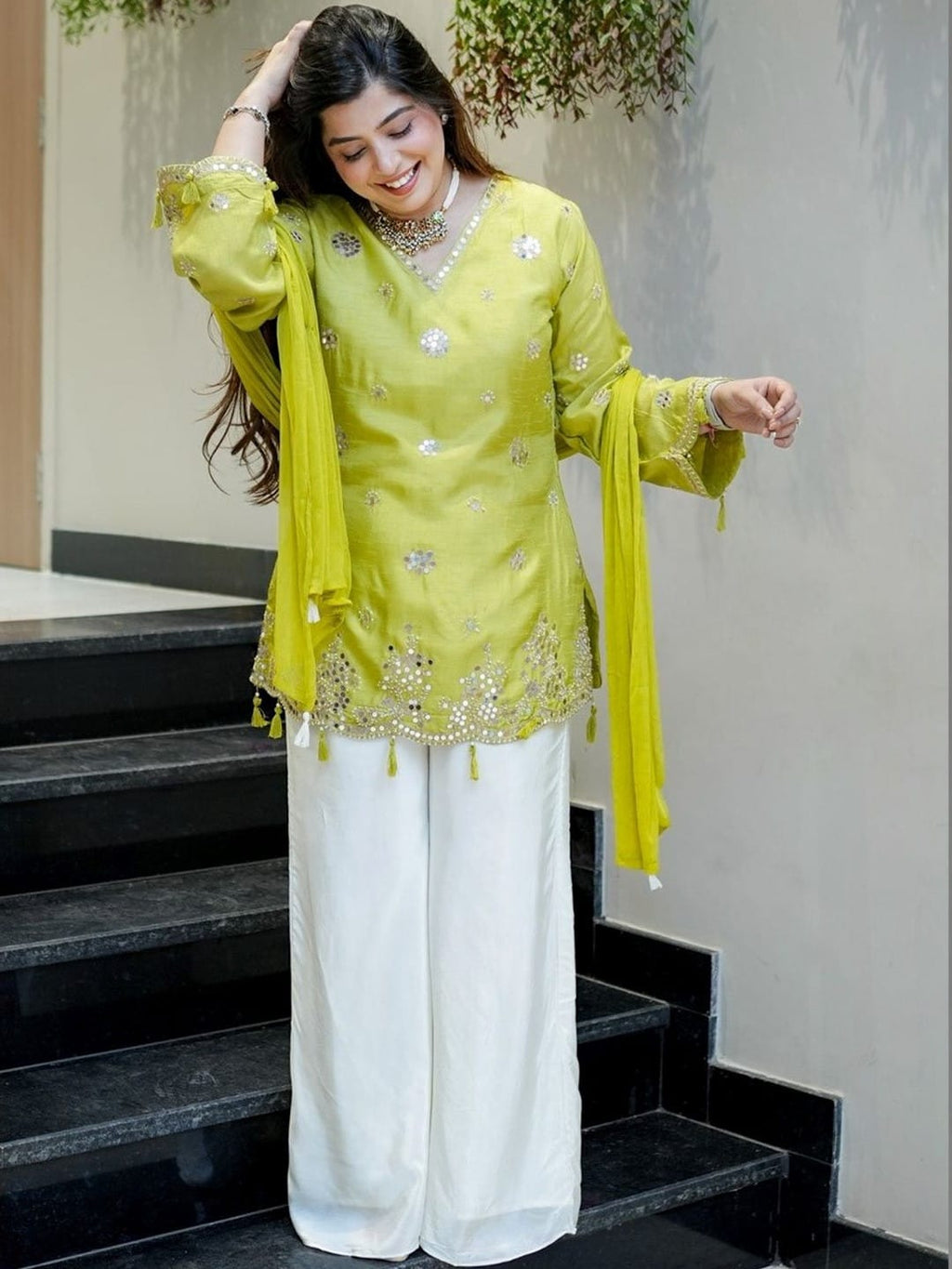 Aadesh Fashion Shehnaaz Lemon Yellow Silk Short Kurti Palazzo Set with Nazmin Dupatta