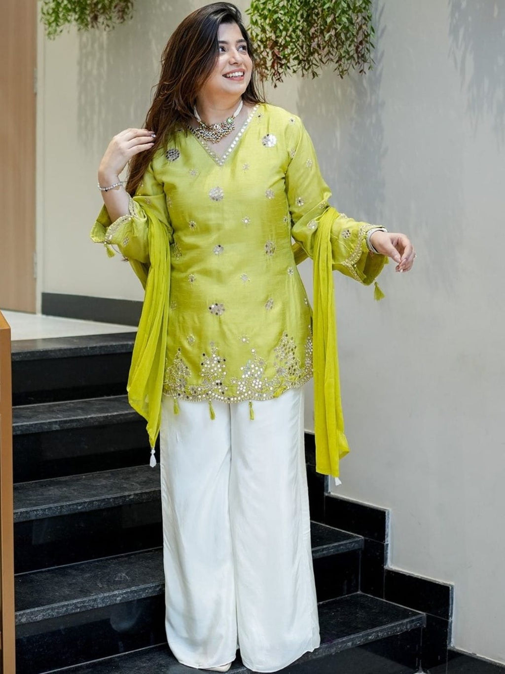 Aadesh Fashion Shehnaaz Lemon Yellow Silk Short Kurti Palazzo Set with Nazmin Dupatta