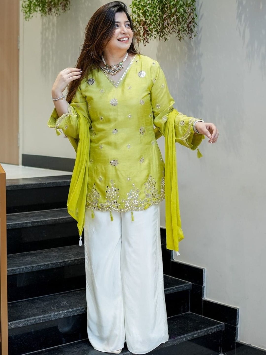 Aadesh Fashion Shehnaaz Lemon Yellow Silk Short Kurti Palazzo Set with Nazmin Dupatta