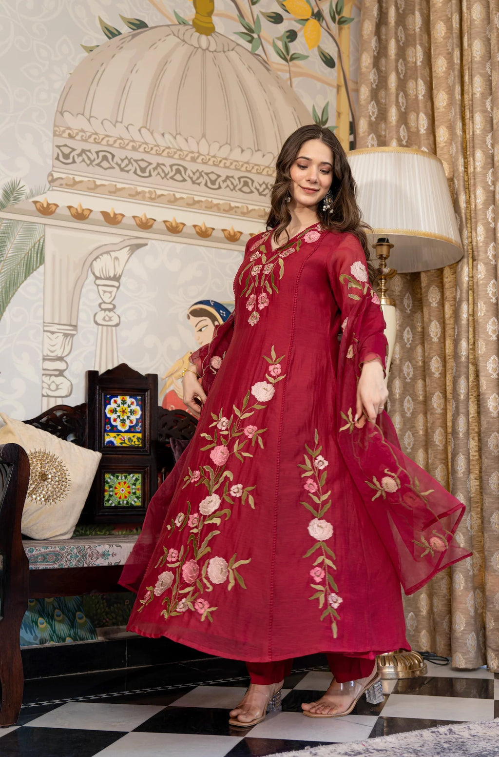 Aadesh Fashion Wine Burgundy Muslin Embroidered Flared Anarkali Kurti Pant Set