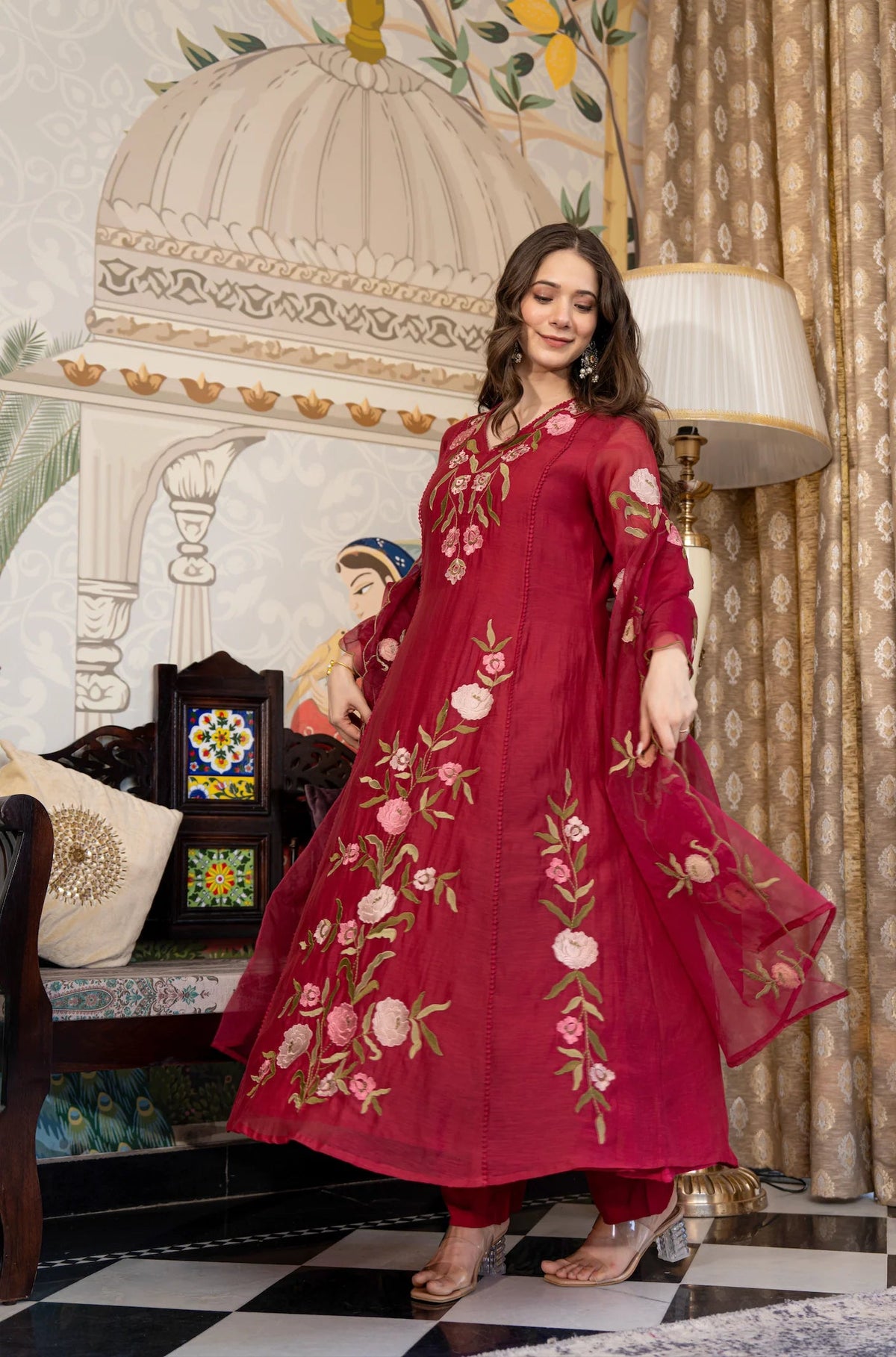Aadesh Fashion Wine Burgundy Muslin Embroidered Flared Anarkali Kurti Pant Set