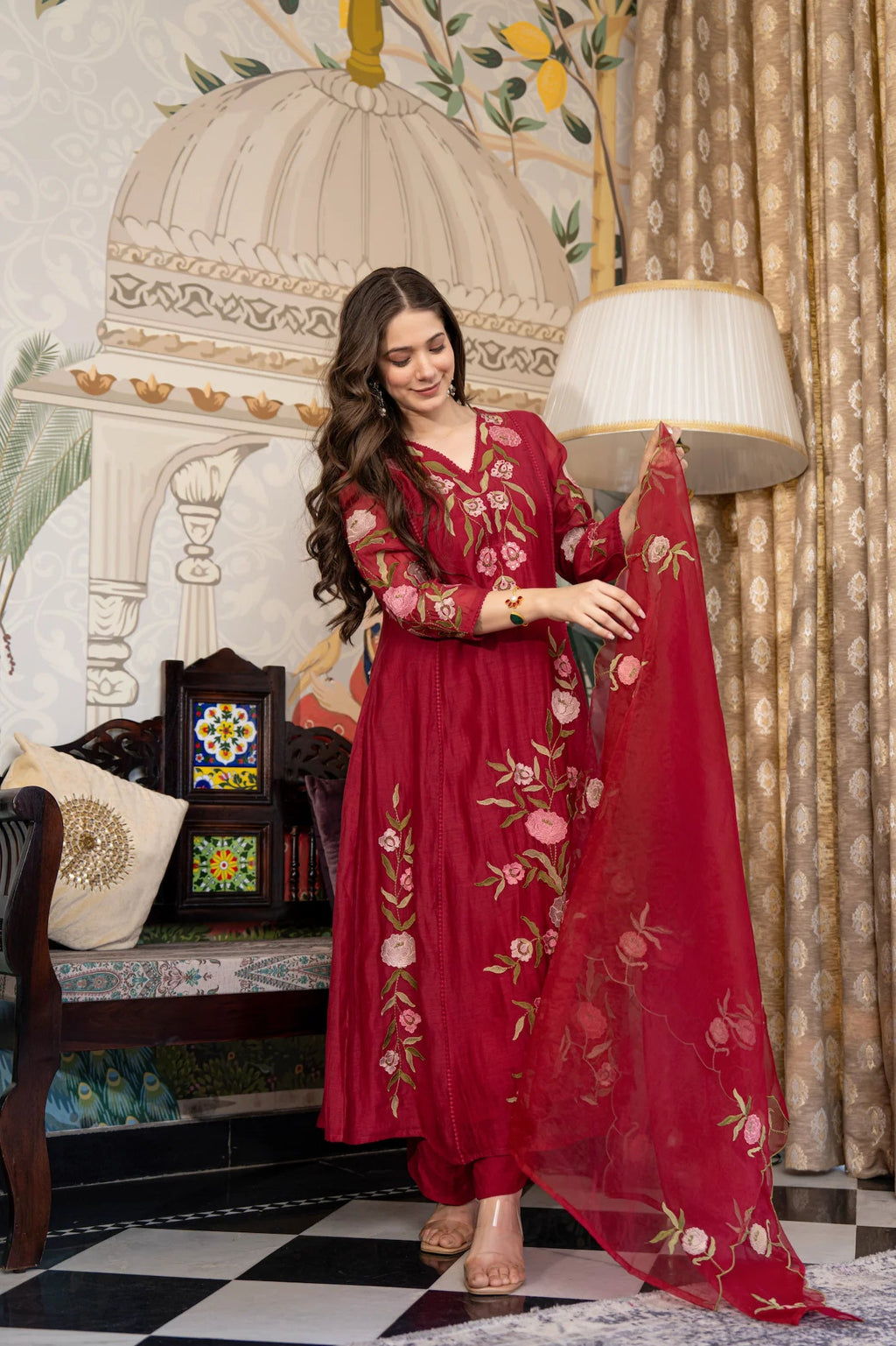 Aadesh Fashion Wine Burgundy Muslin Embroidered Flared Anarkali Kurti Pant Set