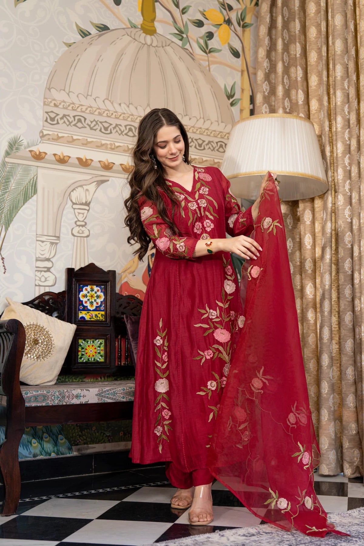 Aadesh Fashion Wine Burgundy Muslin Embroidered Flared Anarkali Kurti Pant Set