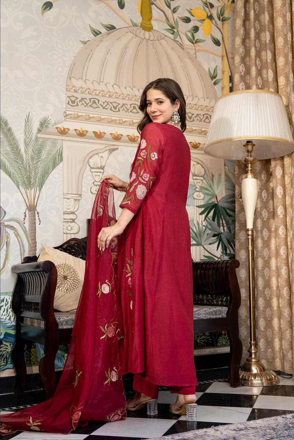 Aadesh Fashion Wine Burgundy Muslin Embroidered Flared Anarkali Kurti Pant Set