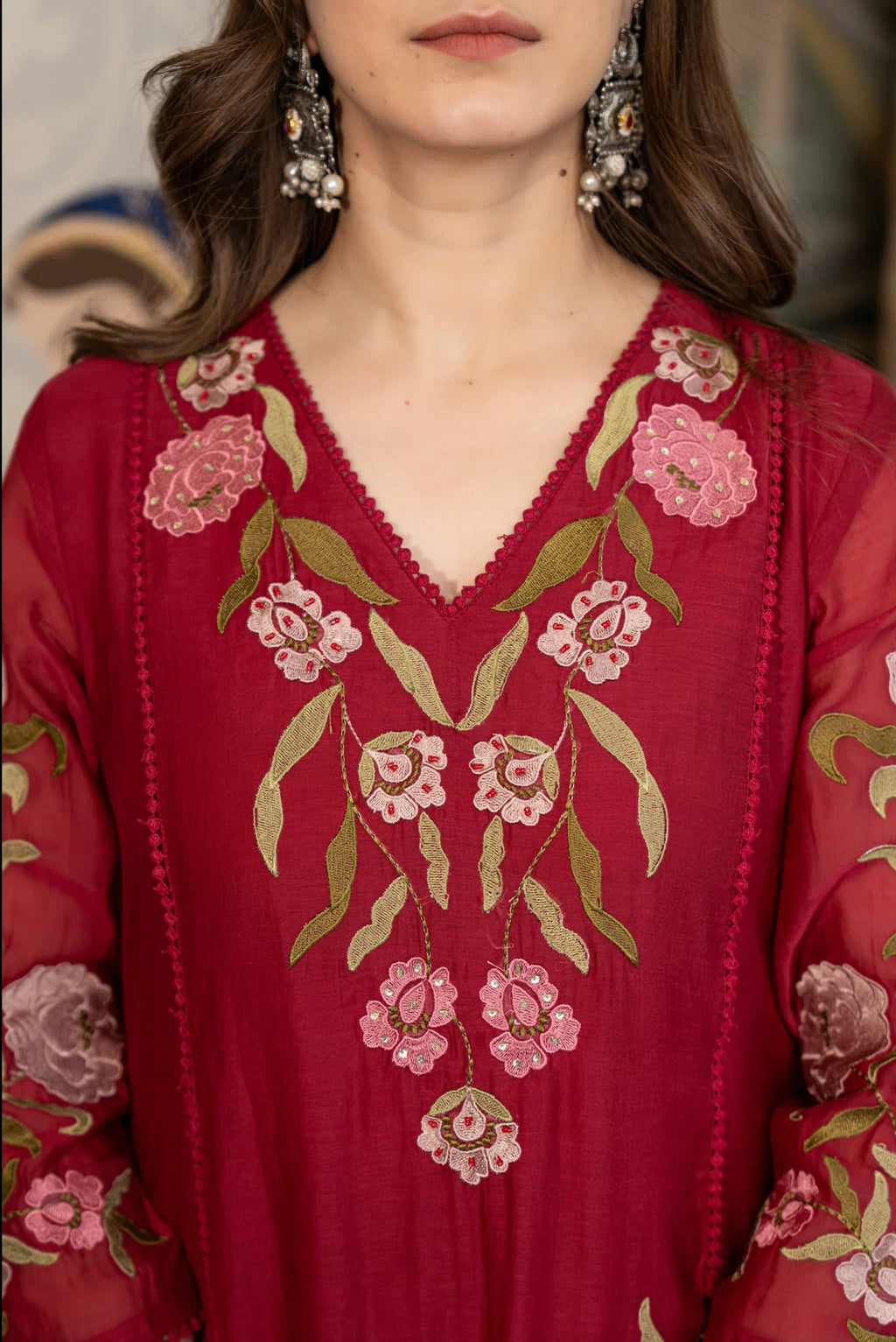Aadesh Fashion Wine Burgundy Muslin Embroidered Flared Anarkali Kurti Pant Set