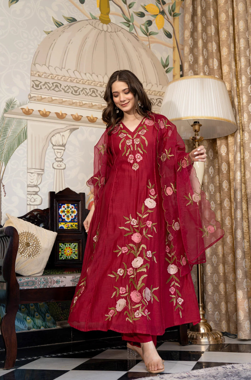 Aadesh Fashion Wine Burgundy Muslin Embroidered Flared Anarkali Kurti Pant Set