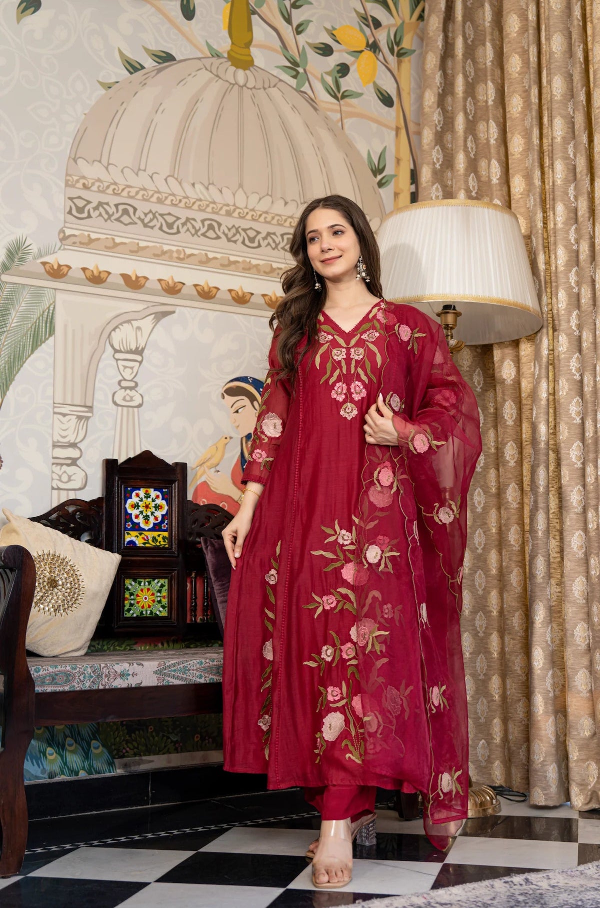 Aadesh Fashion Wine Burgundy Muslin Embroidered Flared Anarkali Kurti Pant Set