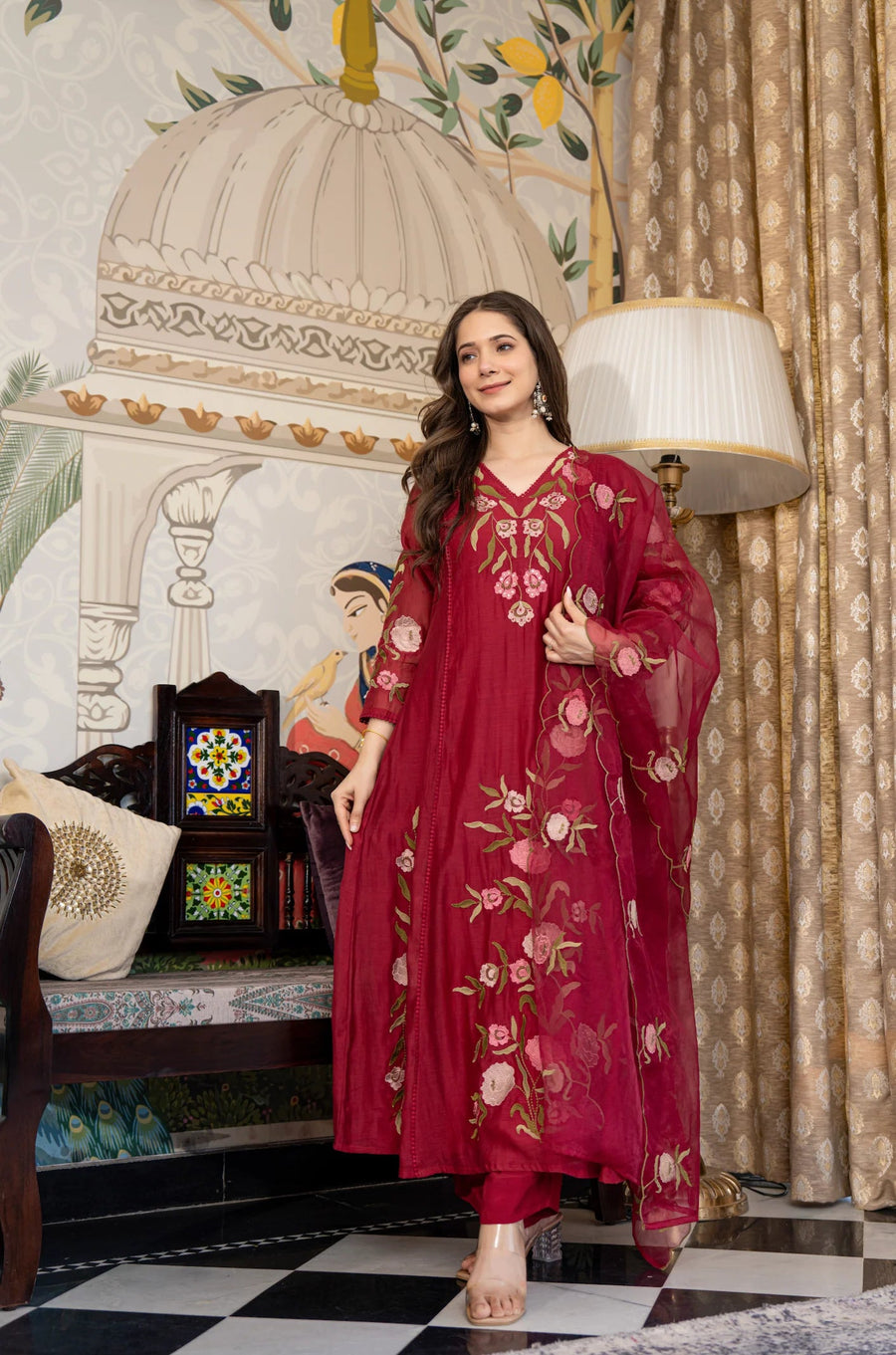 Aadesh Fashion Wine Burgundy Muslin Embroidered Flared Anarkali Kurti Pant Set
