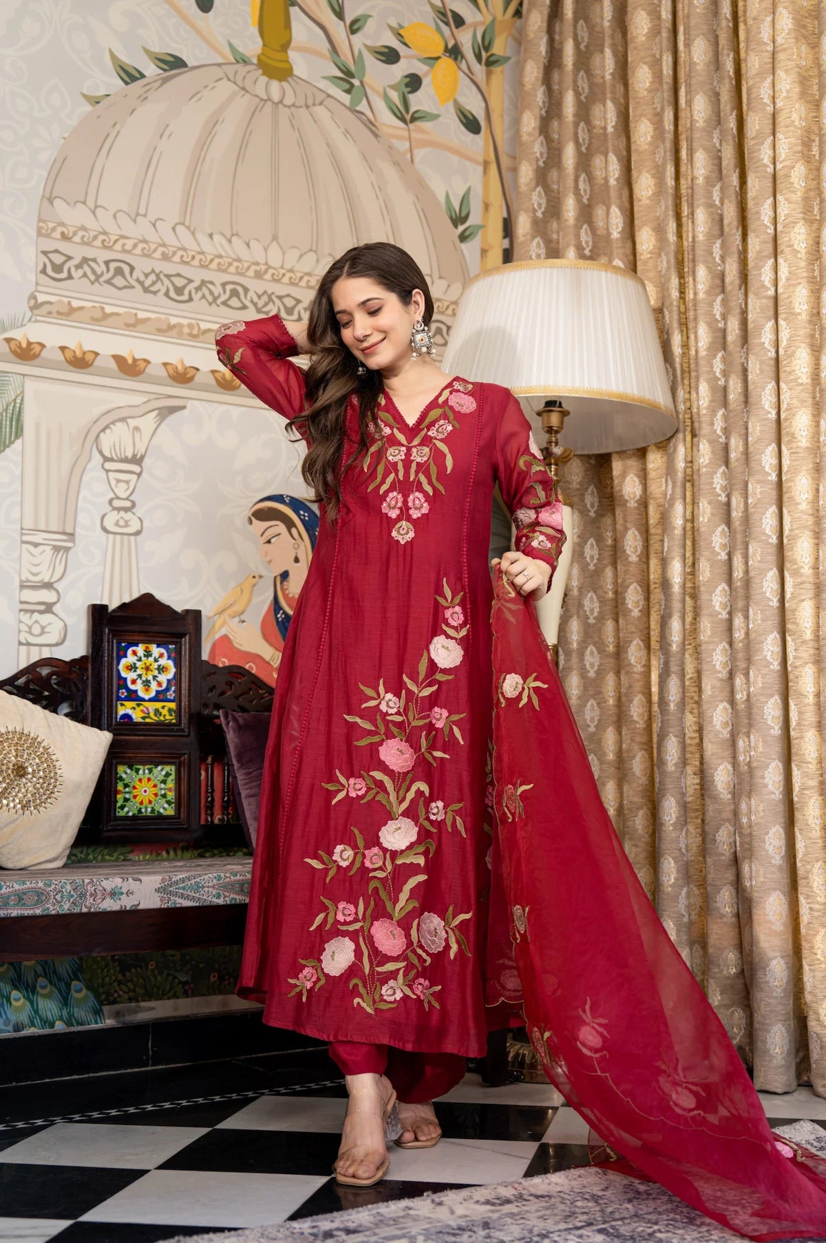 Aadesh Fashion Wine Burgundy Muslin Embroidered Flared Anarkali Kurti Pant Set