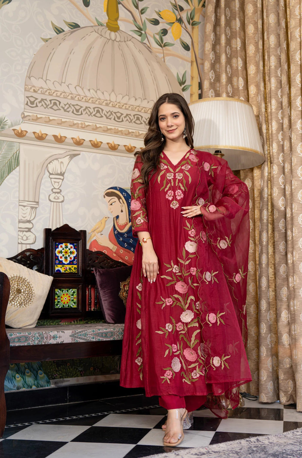 Aadesh Fashion Wine Burgundy Muslin Embroidered Flared Anarkali Kurti Pant Set