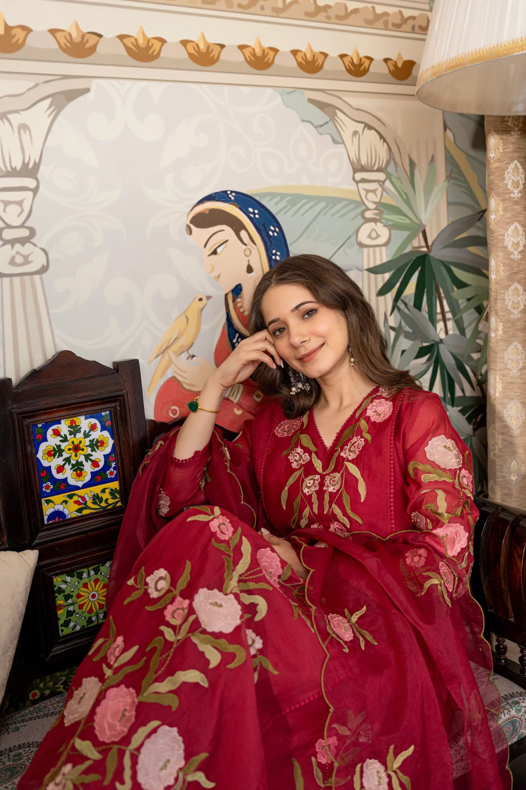 Aadesh Fashion Wine Burgundy Muslin Embroidered Flared Anarkali Kurti Pant Set