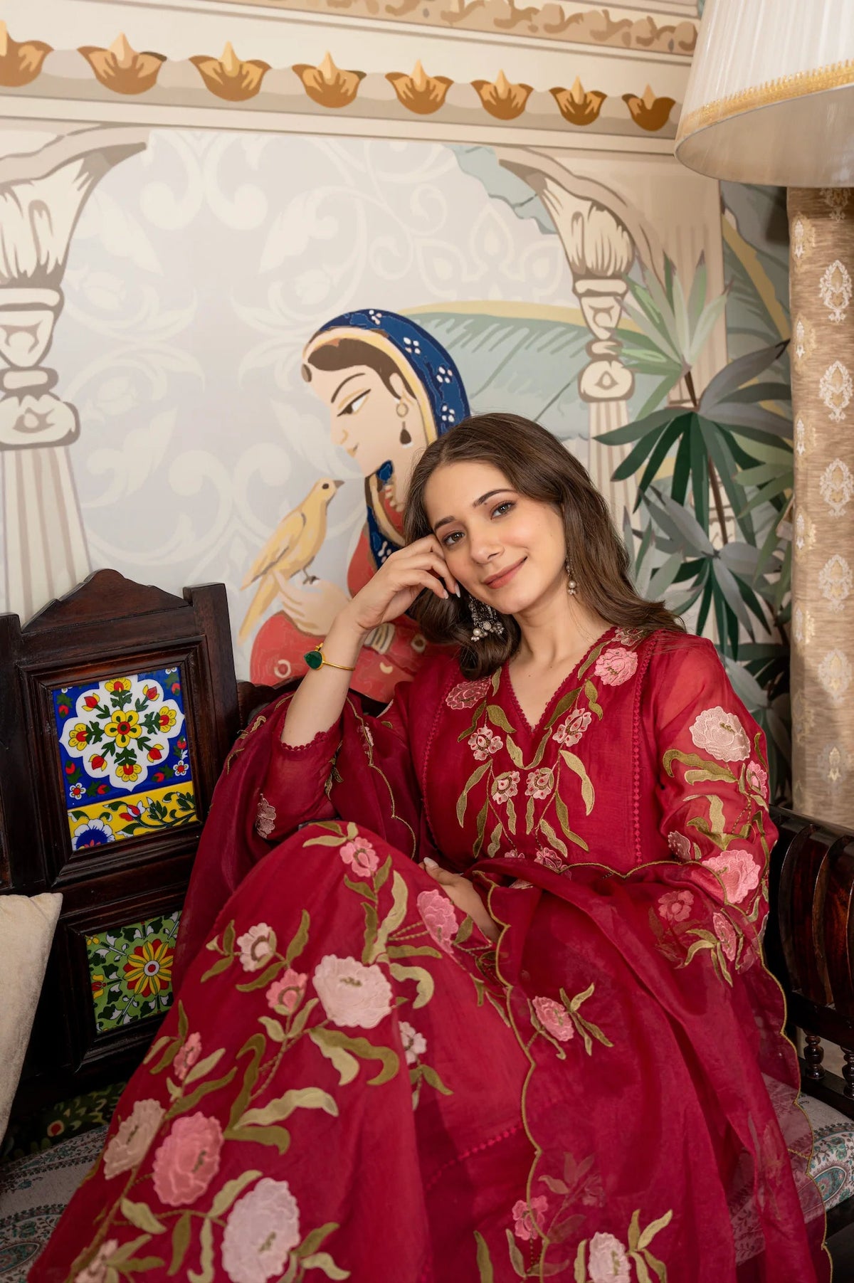 Aadesh Fashion Wine Burgundy Muslin Embroidered Flared Anarkali Kurti Pant Set