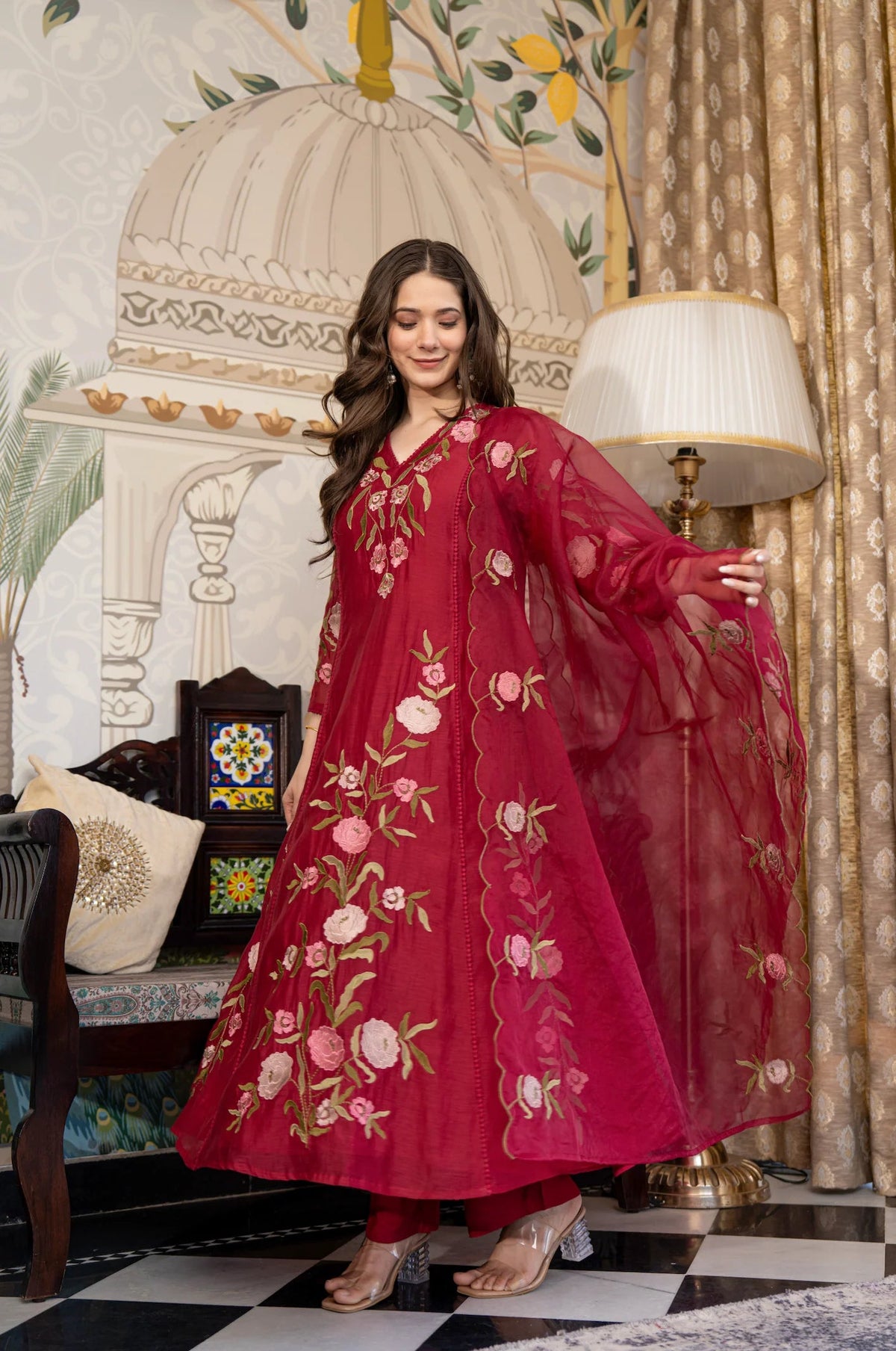 Aadesh Fashion Wine Burgundy Muslin Embroidered Flared Anarkali Kurti Pant Set