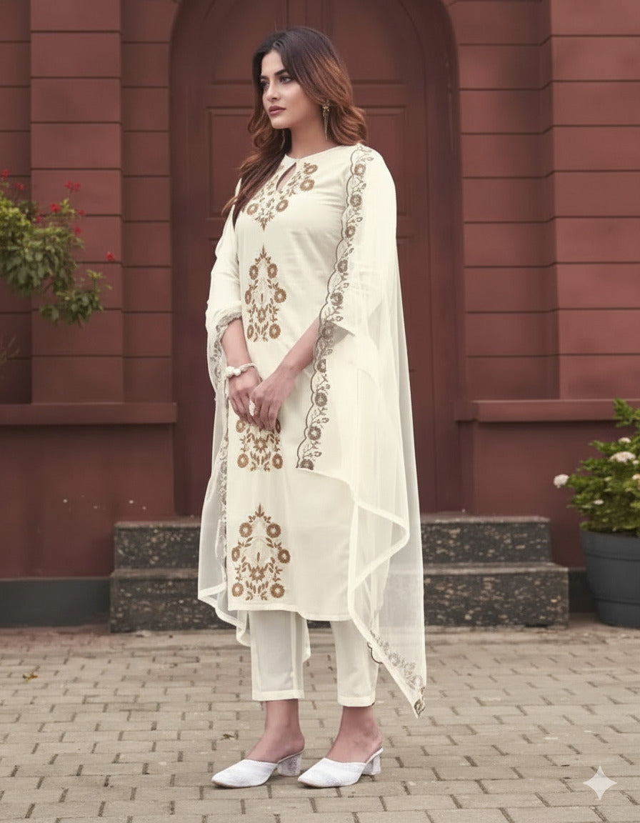 Aadesh Fashion Imali Rayon Slub Keyhole Neck Kurti Pant Set with Organza Dupatta