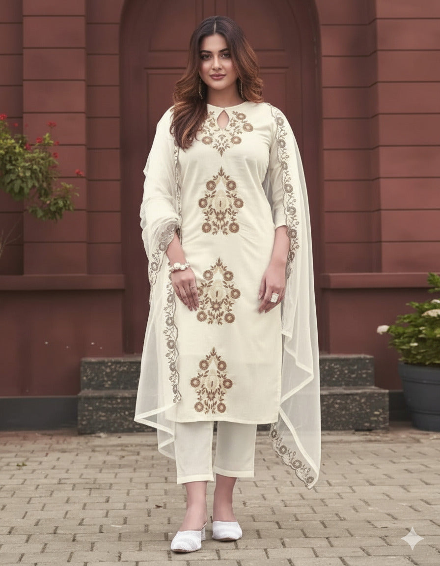 Aadesh Fashion Imali Rayon Slub Keyhole Neck Kurti Pant Set with Organza Dupatta