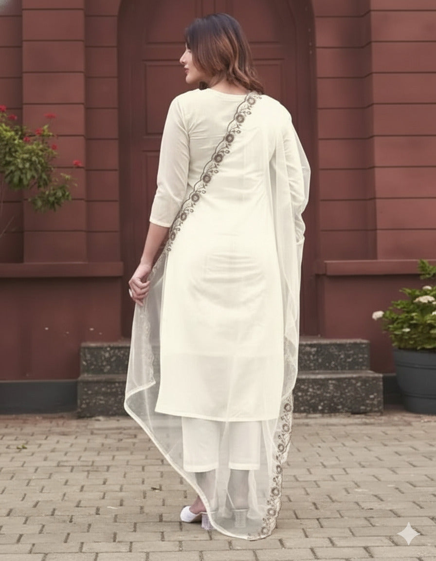 Aadesh Fashion Imali Rayon Slub Keyhole Neck Kurti Pant Set with Organza Dupatta