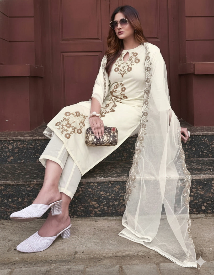 Aadesh Fashion Imali Rayon Slub Keyhole Neck Kurti Pant Set with Organza Dupatta