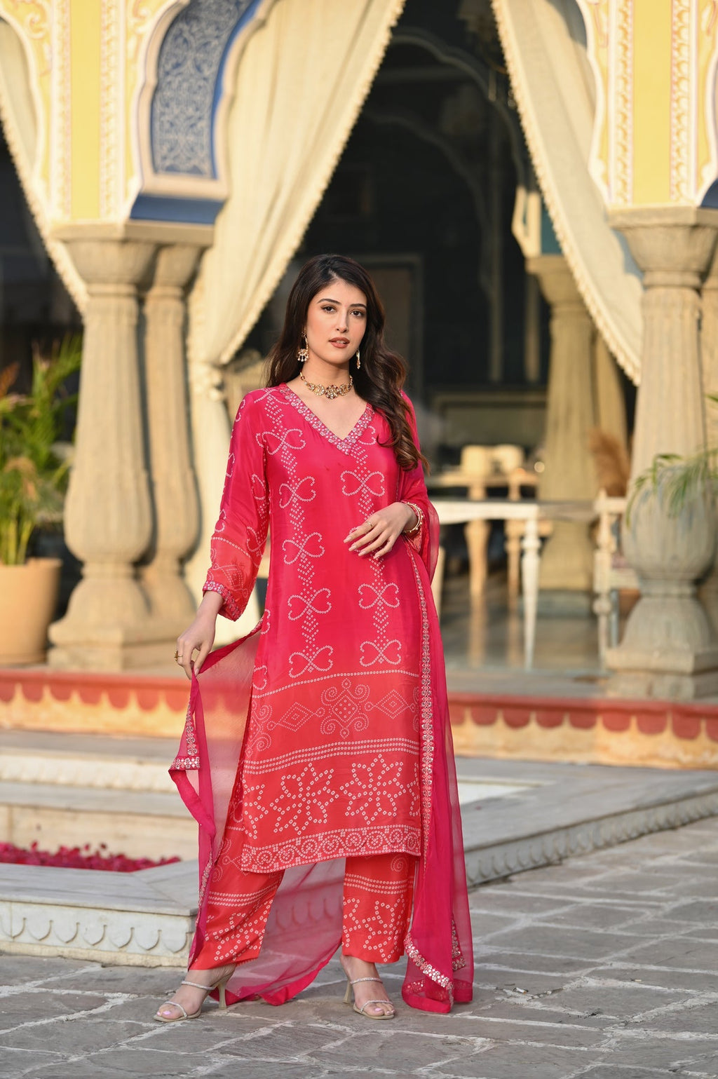AADESH FASHION Premium Pink Chinon Silk Bandhani Kurti Pant Set with Dupatta