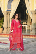 AADESH FASHION Premium Pink Chinon Silk Bandhani Kurti Pant Set with Dupatta