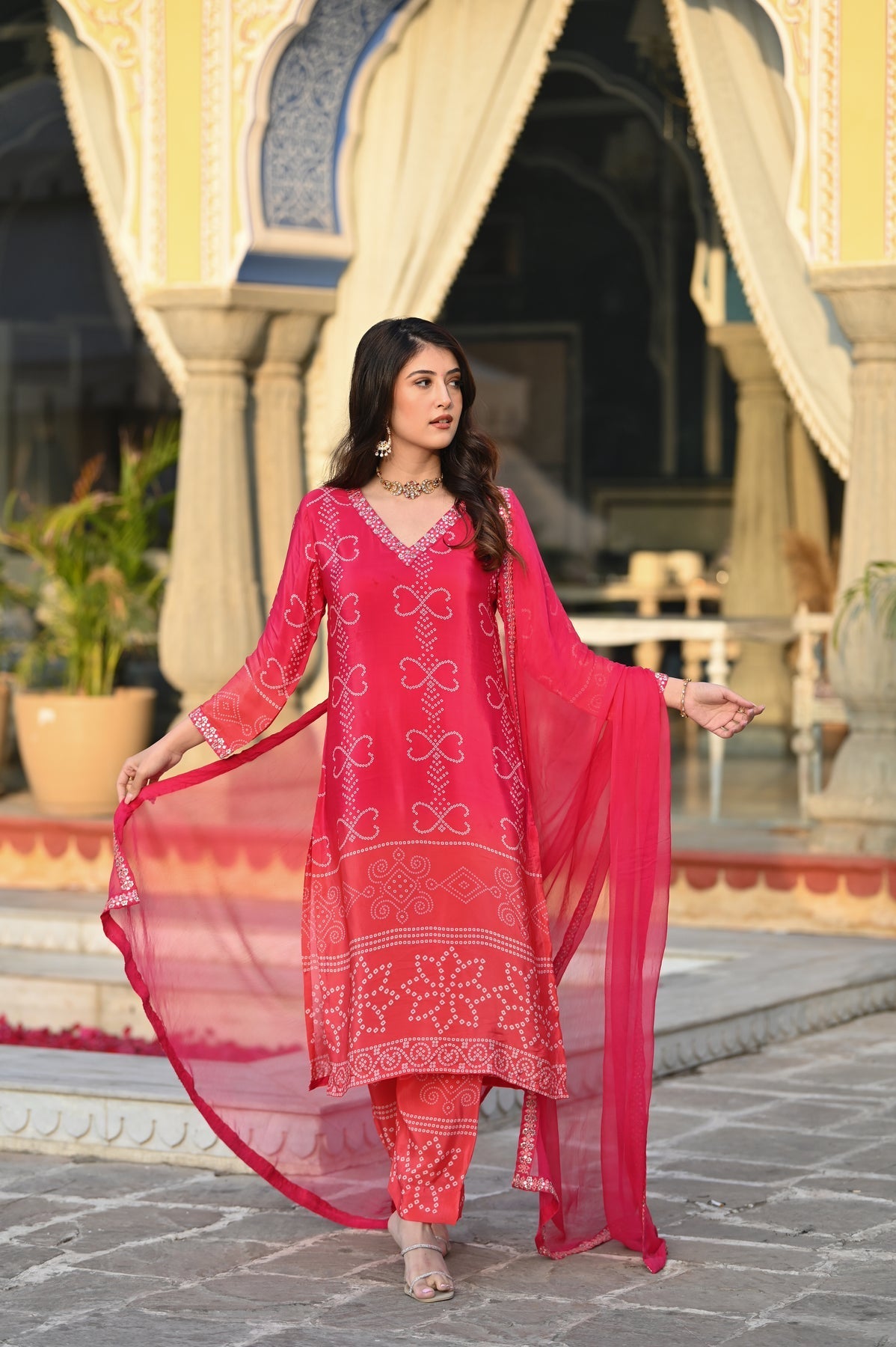 AADESH FASHION Premium Pink Chinon Silk Bandhani Kurti Pant Set with Dupatta