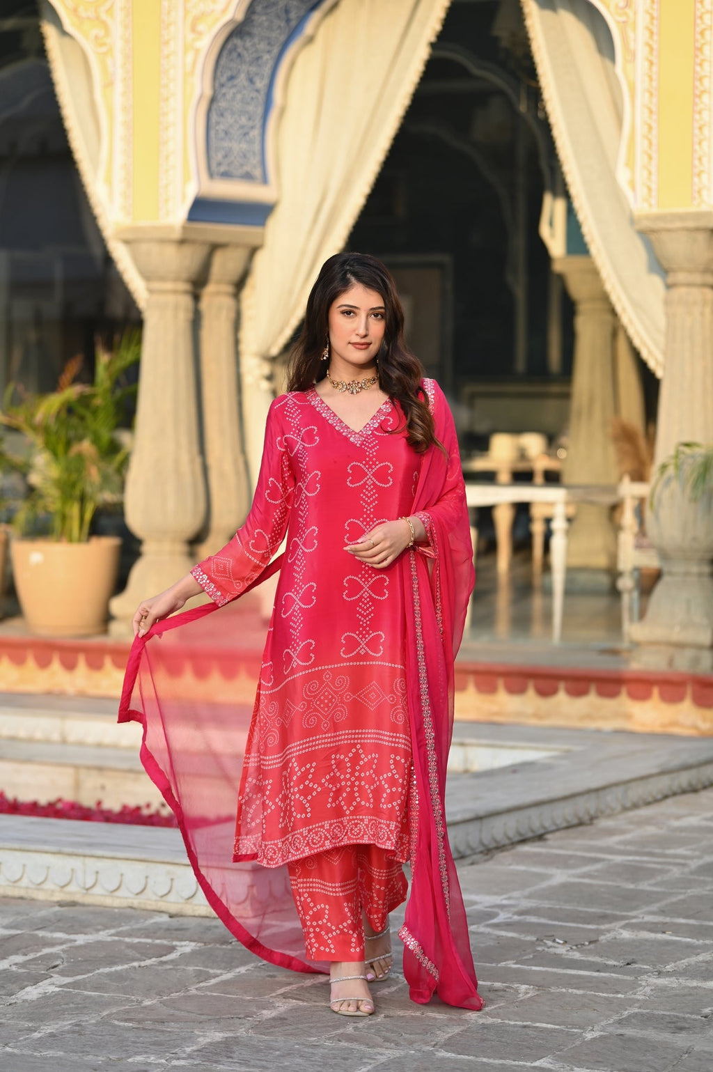 AADESH FASHION Premium Pink Chinon Silk Bandhani Kurti Pant Set with Dupatta