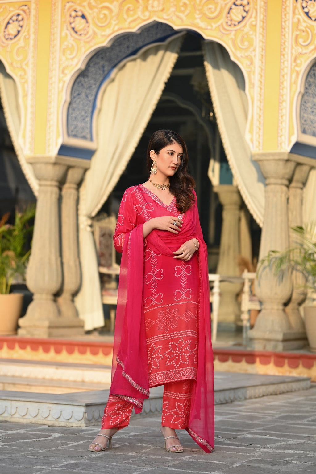 AADESH FASHION Premium Pink Chinon Silk Bandhani Kurti Pant Set with Dupatta