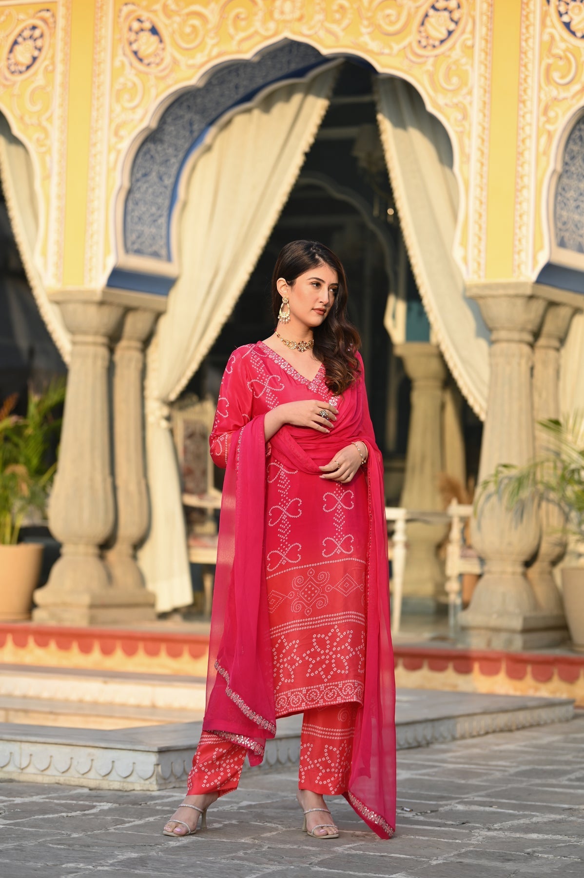 AADESH FASHION Premium Pink Chinon Silk Bandhani Kurti Pant Set with Dupatta