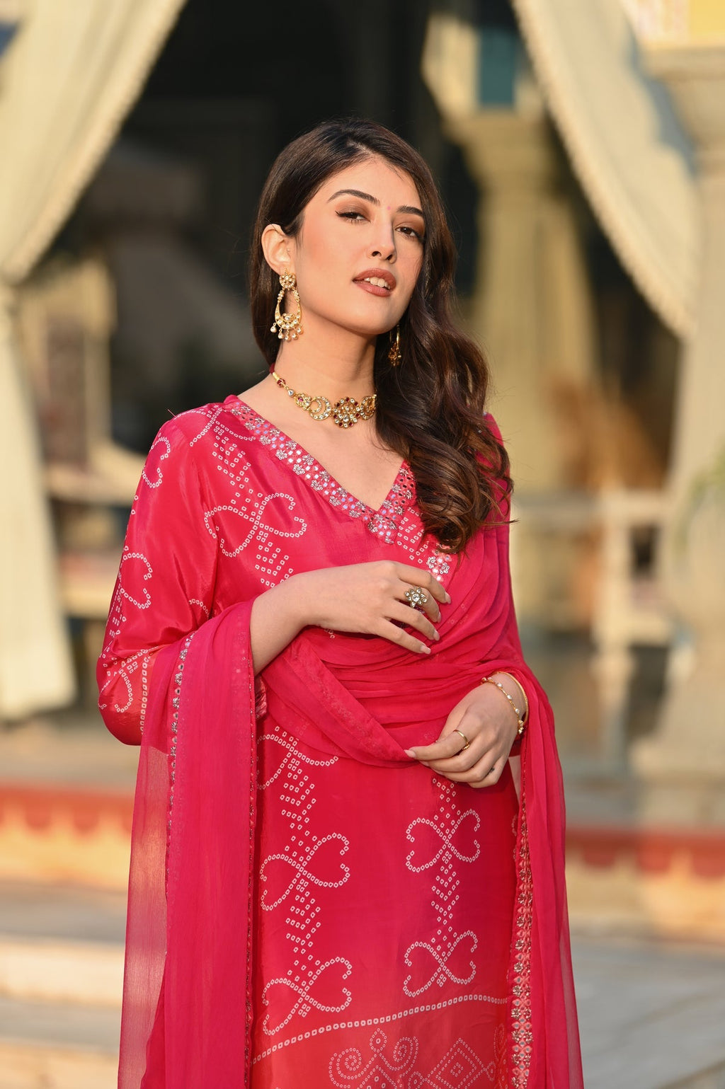 AADESH FASHION Premium Pink Chinon Silk Bandhani Kurti Pant Set with Dupatta