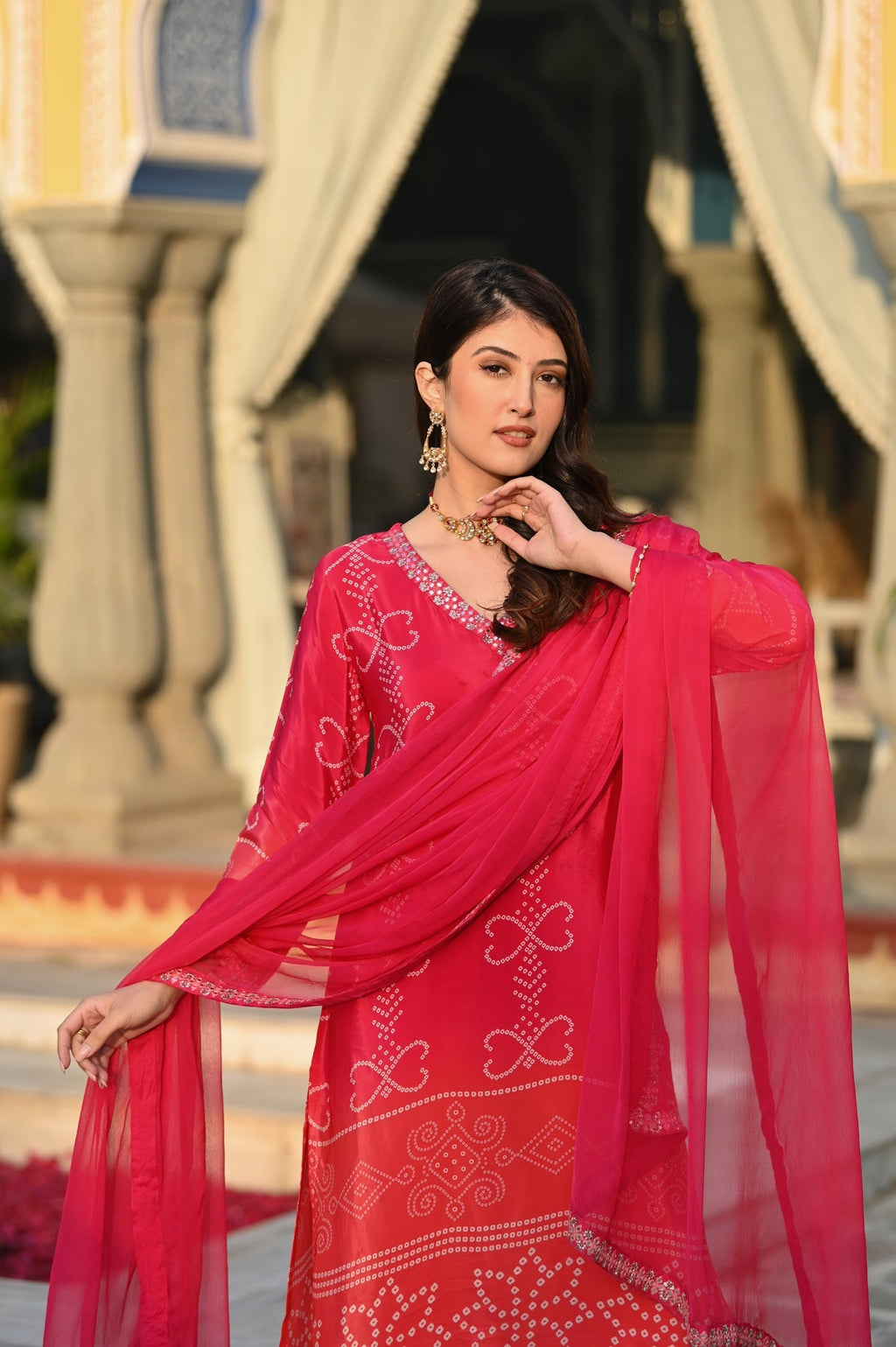 AADESH FASHION Premium Pink Chinon Silk Bandhani Kurti Pant Set with Dupatta