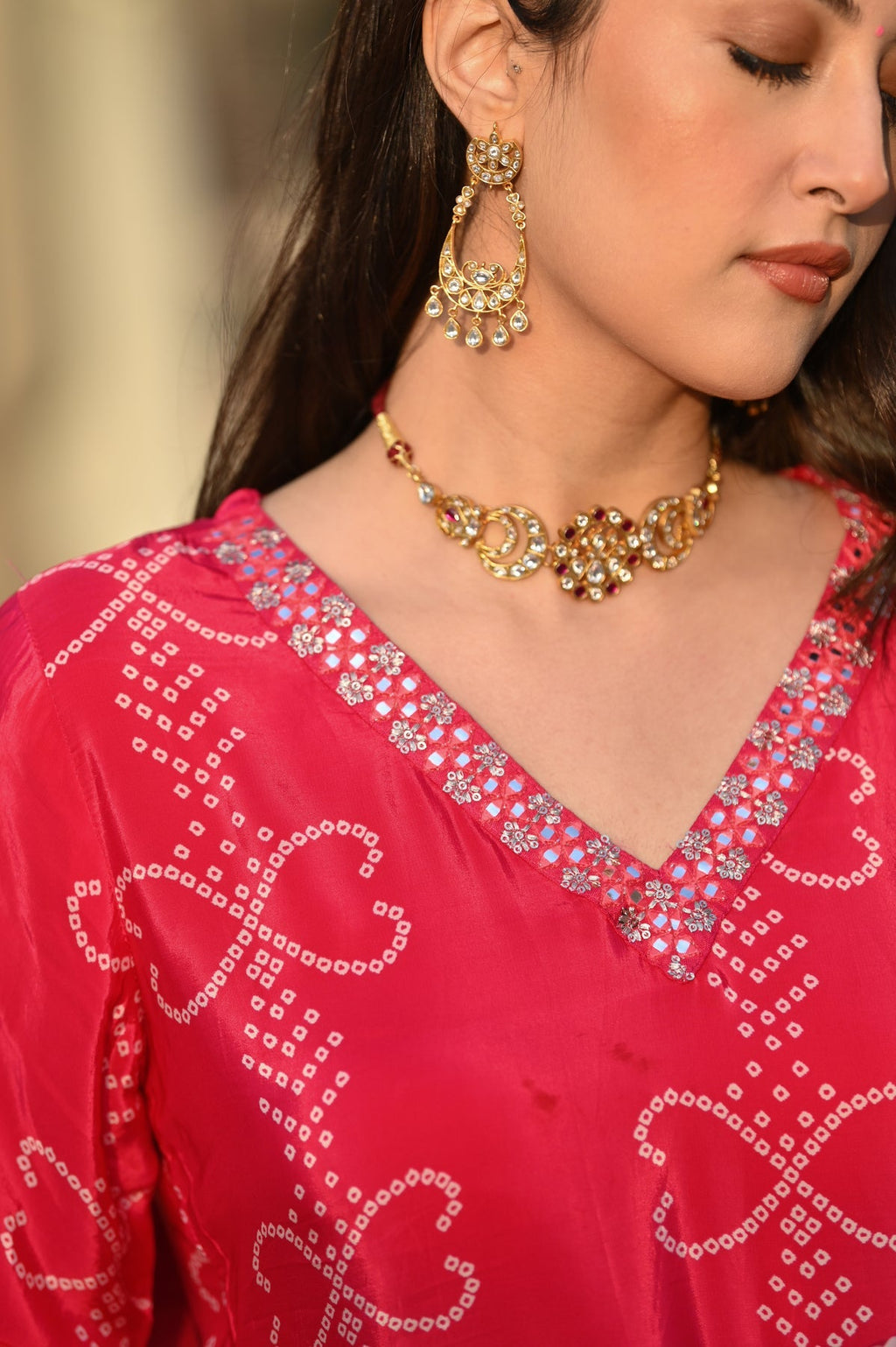 AADESH FASHION Premium Pink Chinon Silk Bandhani Kurti Pant Set with Dupatta