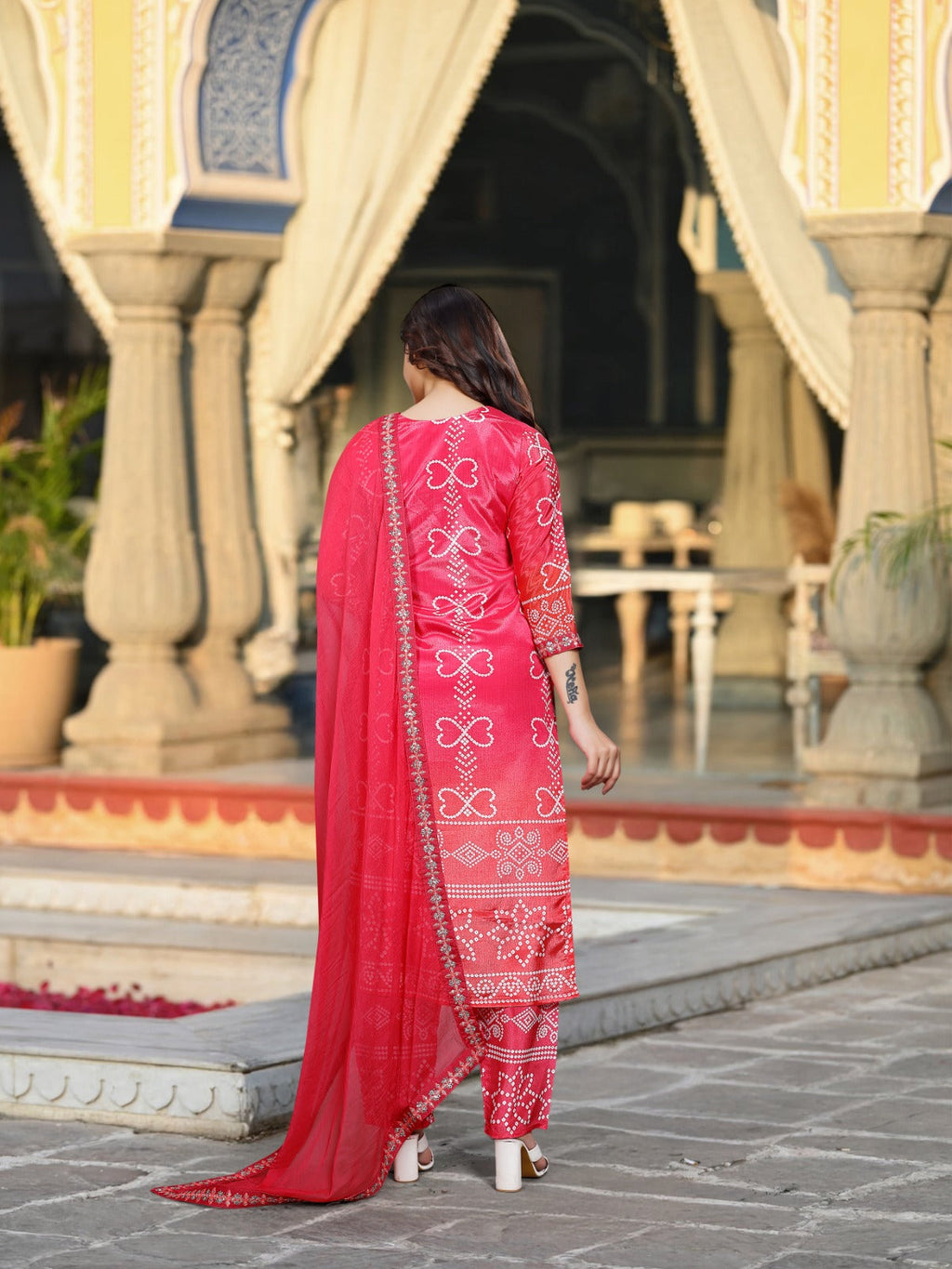 AADESH FASHION Premium Pink Chinon Silk Bandhani Kurti Pant Set with Dupatta