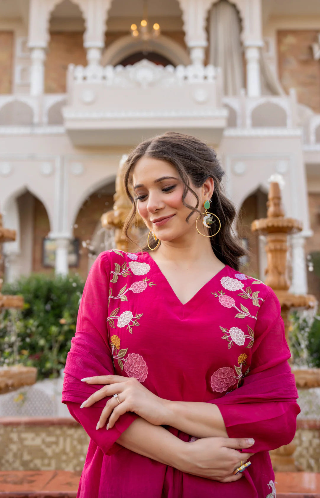 Aadesh Fashion Ramya Magenta Pink Chanderi Silk Floral Embroidered Kurti Pant Set