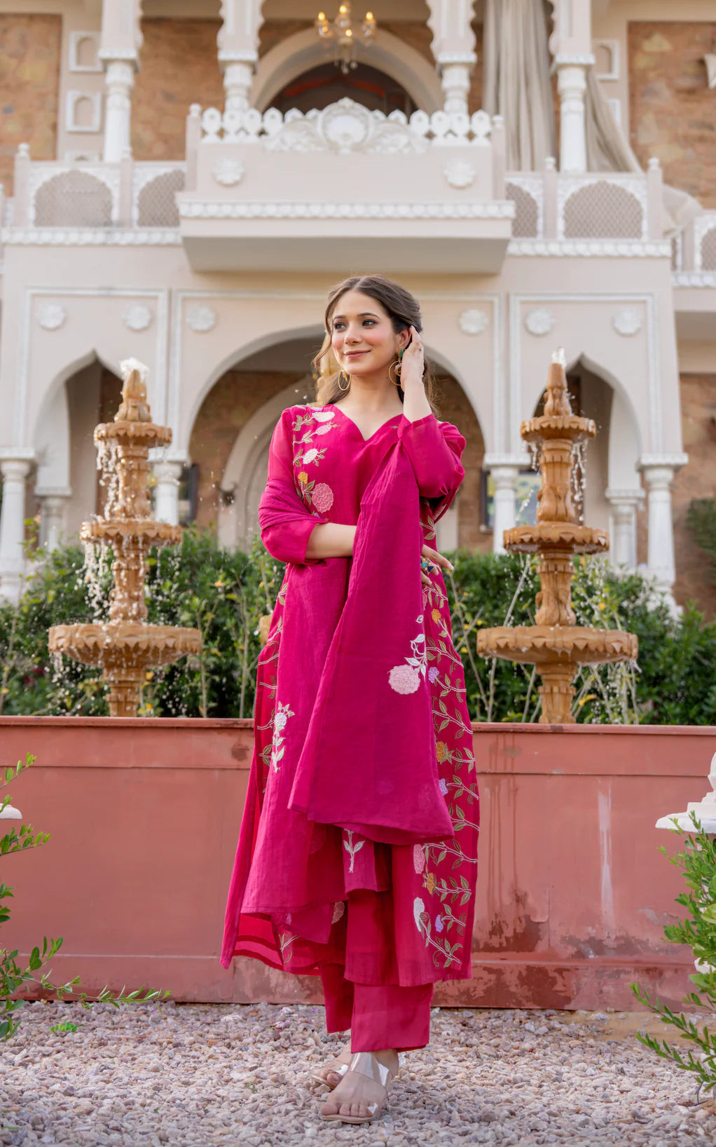 Aadesh Fashion Ramya Magenta Pink Chanderi Silk Floral Embroidered Kurti Pant Set