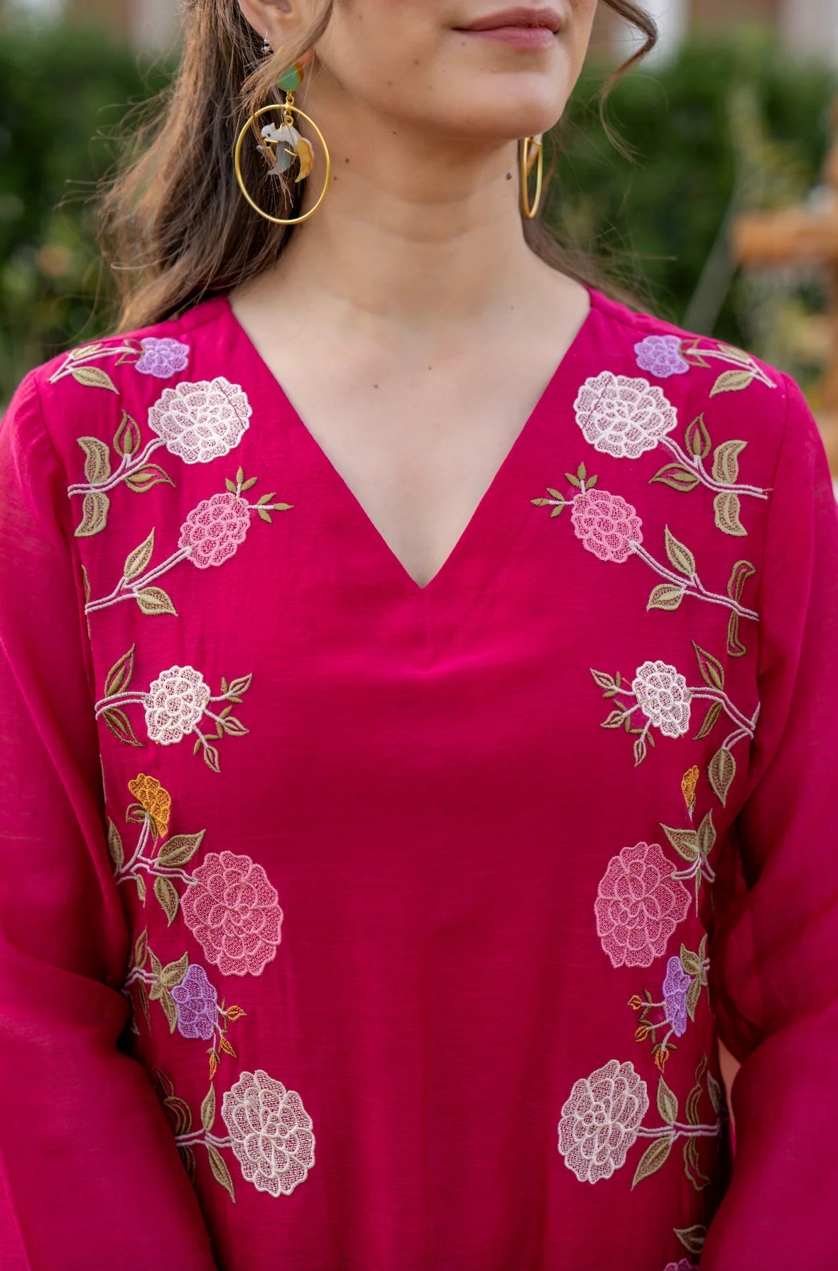 Aadesh Fashion Ramya Magenta Pink Chanderi Silk Floral Embroidered Kurti Pant Set