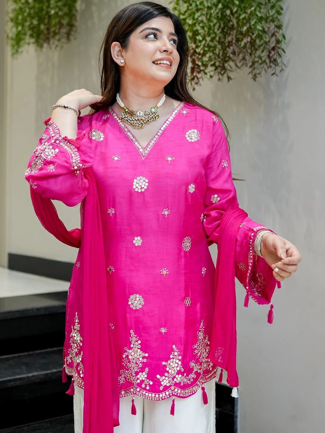 Aadesh Fashion Shehnaaz Rani Pink Silk Short Kurti Palazzo Set with Nazmin Dupatta