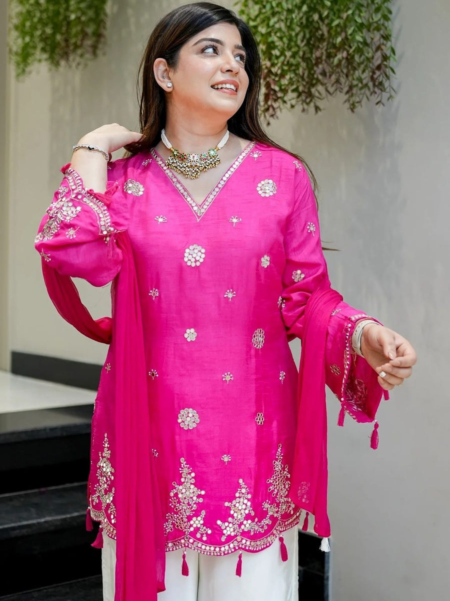 Aadesh Fashion Shehnaaz Rani Pink Silk Short Kurti Palazzo Set with Nazmin Dupatta