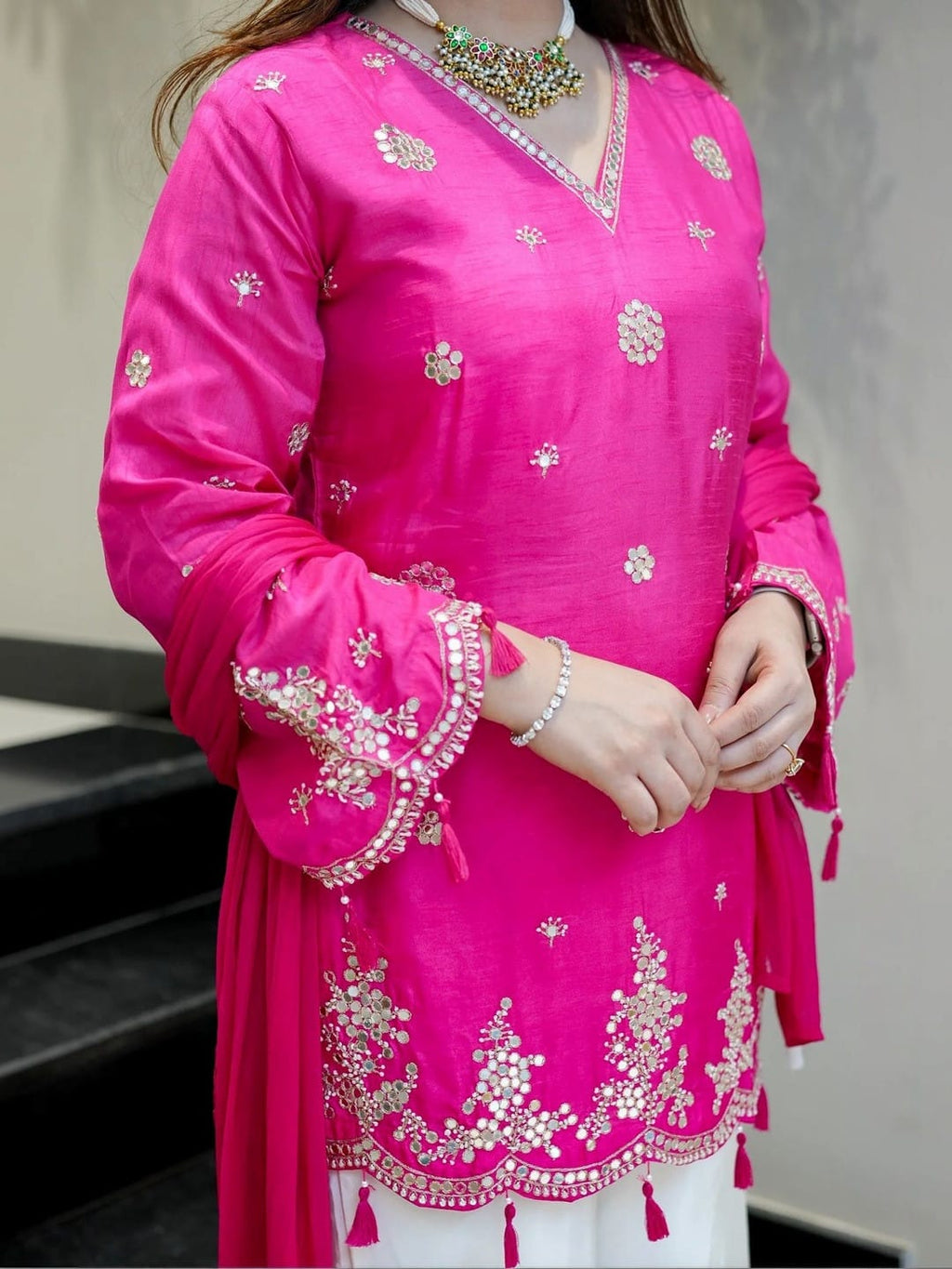 Aadesh Fashion Shehnaaz Rani Pink Silk Short Kurti Palazzo Set with Nazmin Dupatta