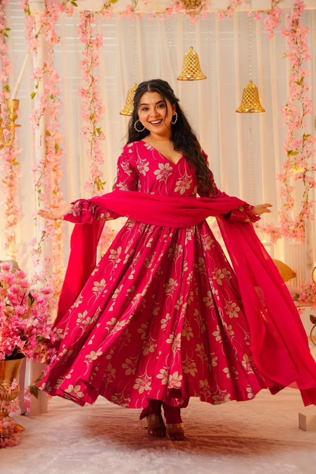 Aadesh Fashion Floris Rani Pink Votikal Silk Flared Anarkali Gown Set with Chinon Dupatta