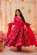 Aadesh Fashion Floris Rani Pink Votikal Silk Flared Anarkali Gown Set with Chinon Dupatta