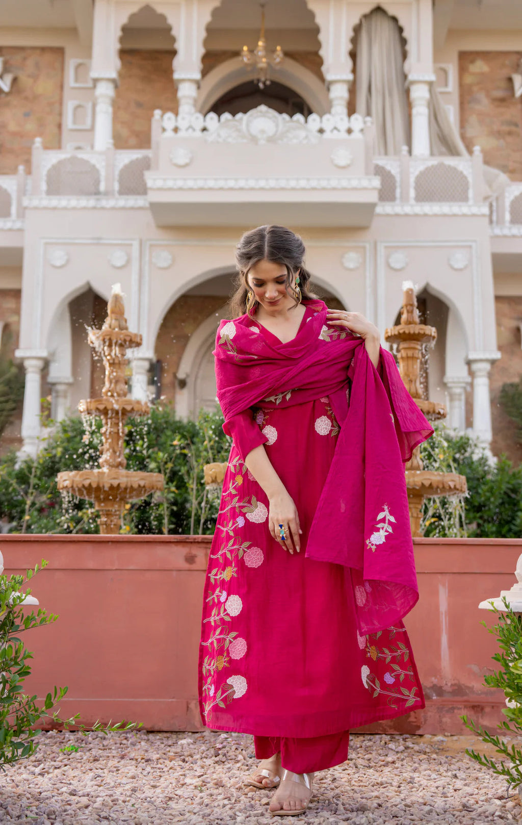Aadesh Fashion Ramya Magenta Pink Chanderi Silk Floral Embroidered Kurti Pant Set