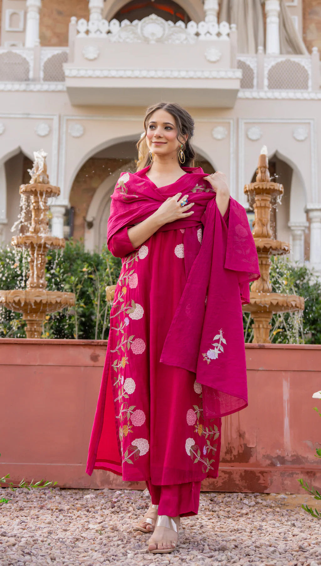 Aadesh Fashion Ramya Magenta Pink Chanderi Silk Floral Embroidered Kurti Pant Set